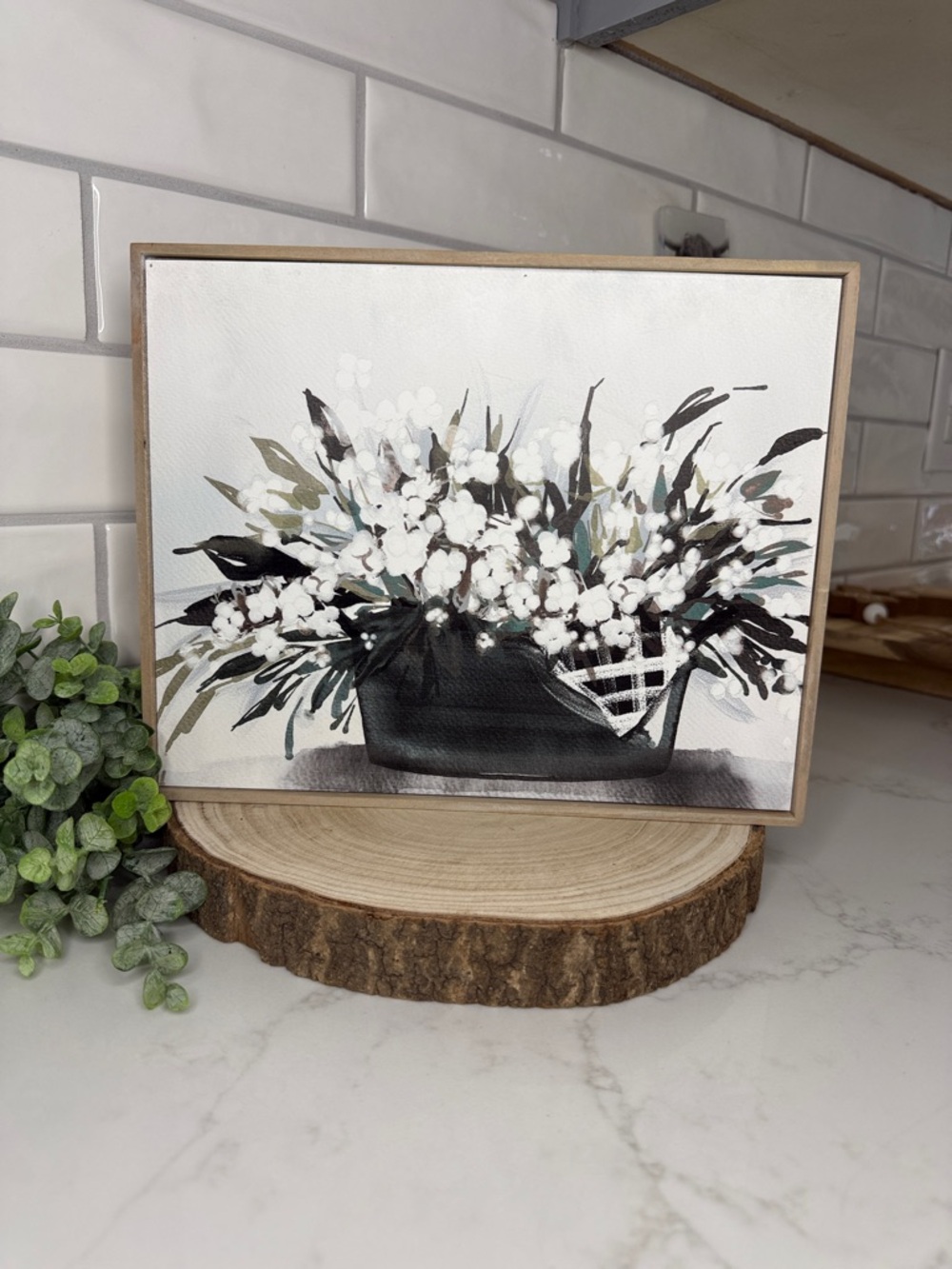 Framed Cotton Floral Arrangement Wall Art - White & Black